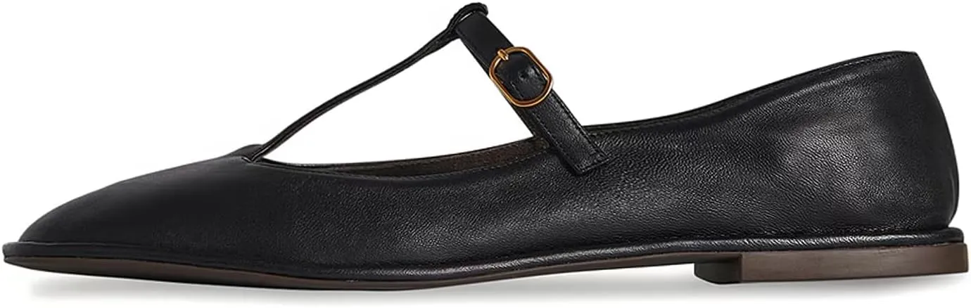 T-Strap Flats for Women Closed Square Toe Mary Jane Ballet Flat Comfortable Dress Shoes