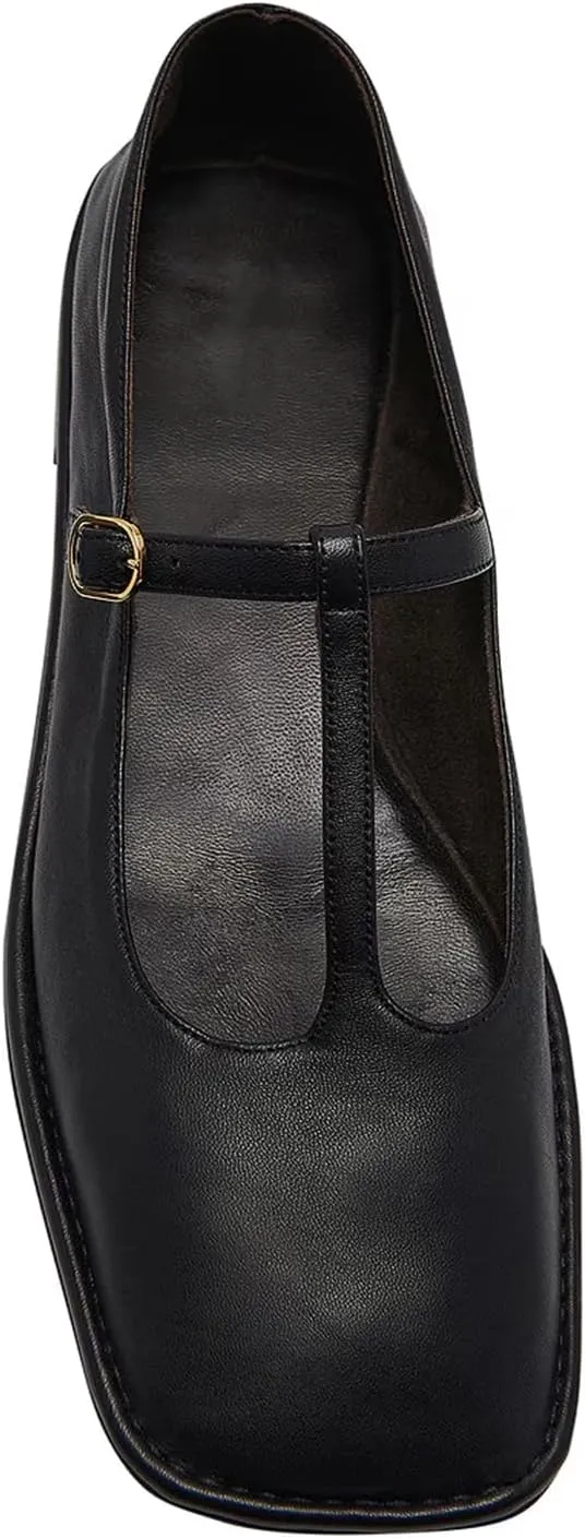 T-Strap Flats for Women Closed Square Toe Mary Jane Ballet Flat Comfortable Dress Shoes