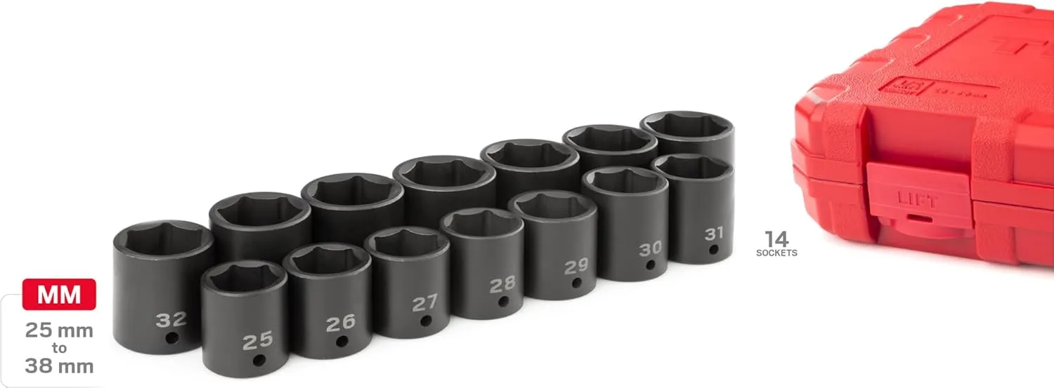 TEKTON 1/2 Inch Drive 6-Point Impact Socket Set with Case, 14-Piece (25-38 mm) | SID92325