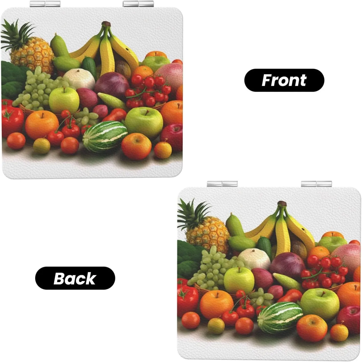 Variety Fresh Vegetables Fruits Printed Square Pocket Makeup Mirror with 1X/2X Magnification, Portable Mini Travel Makeup Mirror for Travel Daily Work Beauty