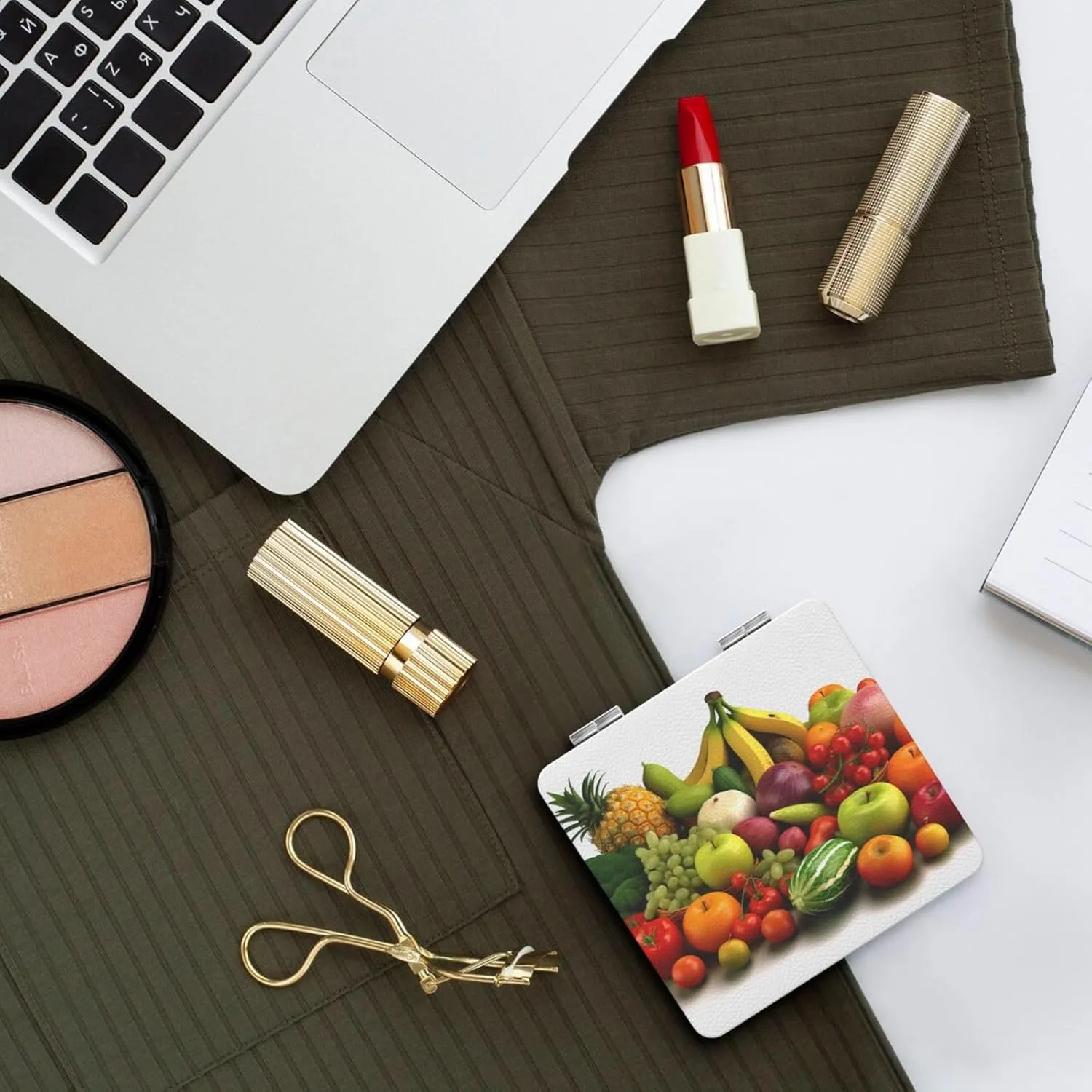 Variety Fresh Vegetables Fruits Printed Square Pocket Makeup Mirror with 1X/2X Magnification, Portable Mini Travel Makeup Mirror for Travel Daily Work Beauty