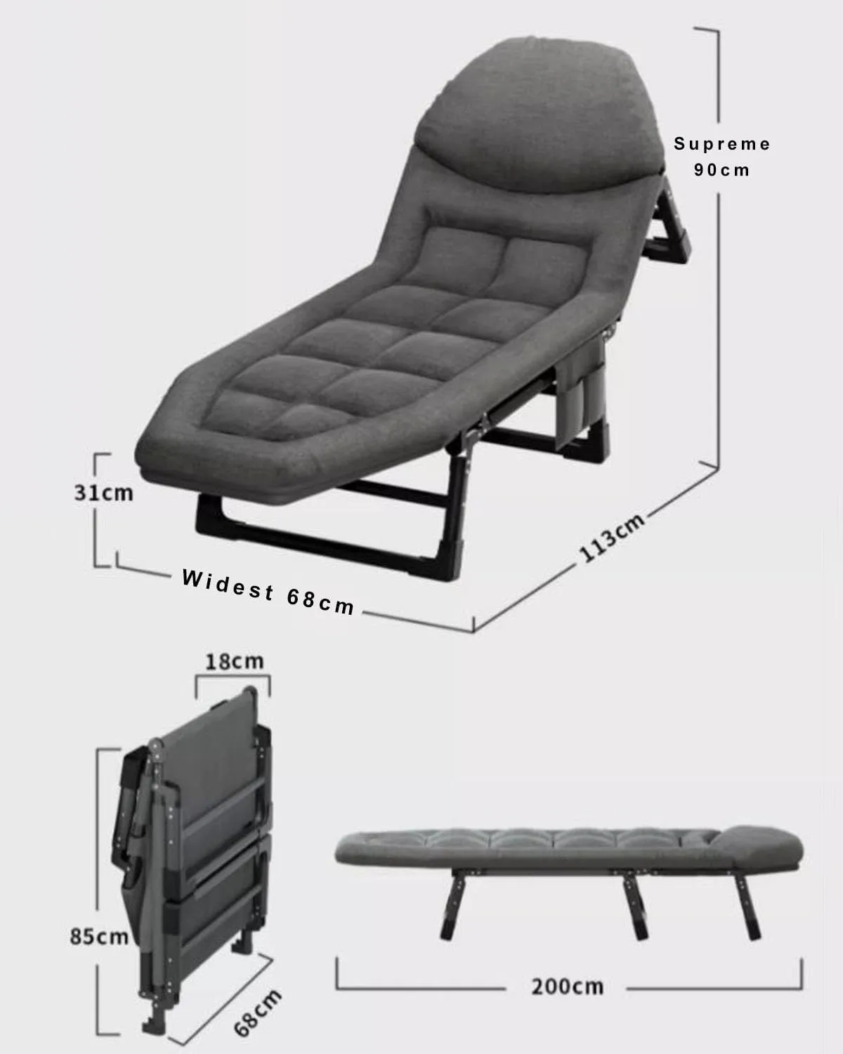 Wider and Longer Folding Camping Cot, Travel Camp Cots with Organizer Straps and Side Pockets, tri-fold Design, Folding Bed for Lawn,Beach,Pool and Sunbathing