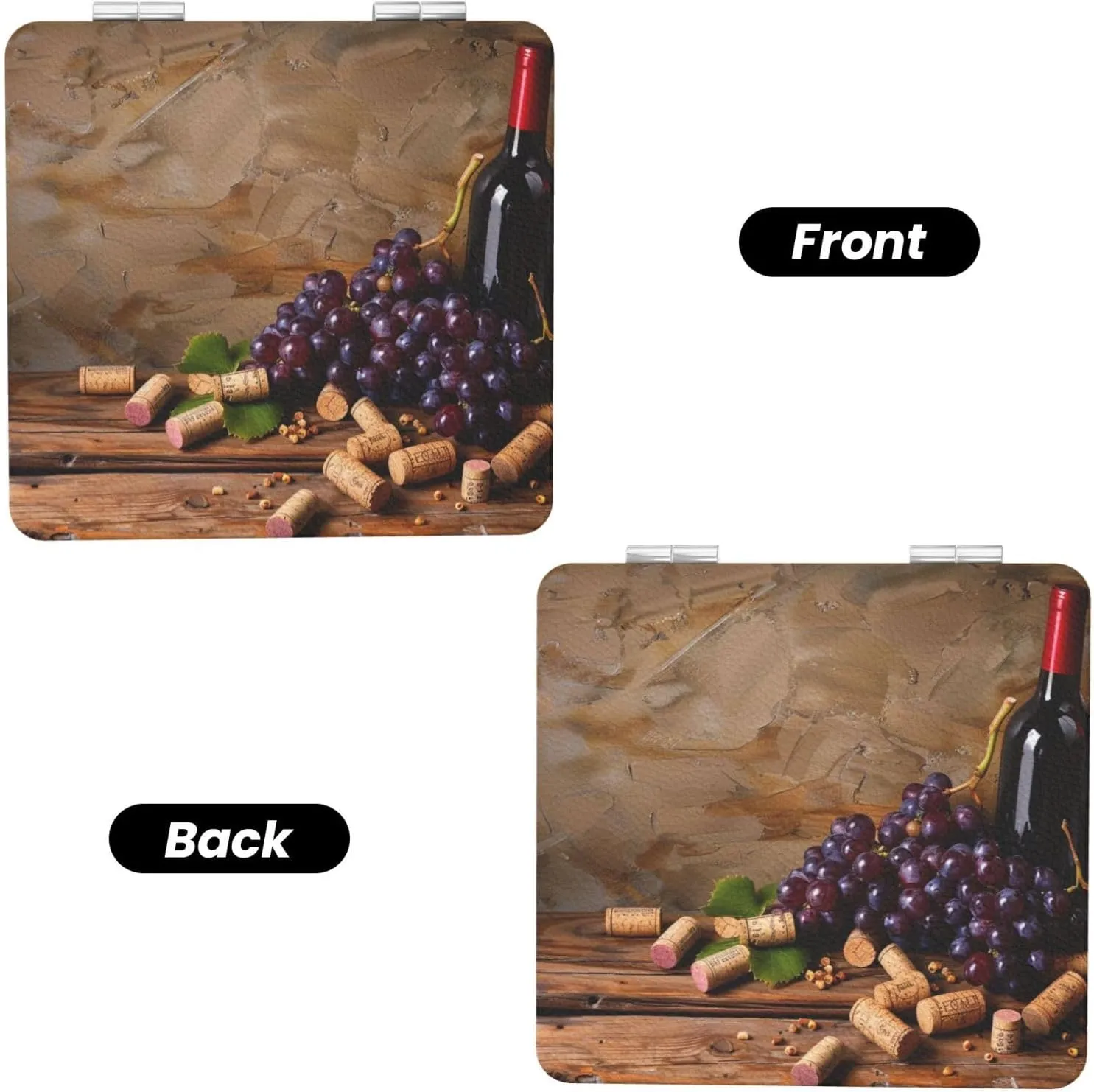 Wine Bottle Corks Grapes Printed Square Pocket Makeup Mirror with 1X/2X Magnification, Portable Mini Travel Makeup Mirror for Travel Daily Work Beauty