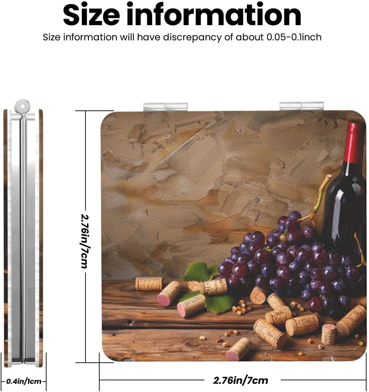 Wine Bottle Corks Grapes Printed Square Pocket Makeup Mirror with 1X/2X Magnification, Portable Mini Travel Makeup Mirror for Travel Daily Work Beauty