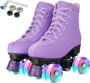Women Roller Skates High-Top Double-Row PU Leather Roller Skates for Women Girls with Light up Wheels Outdoor