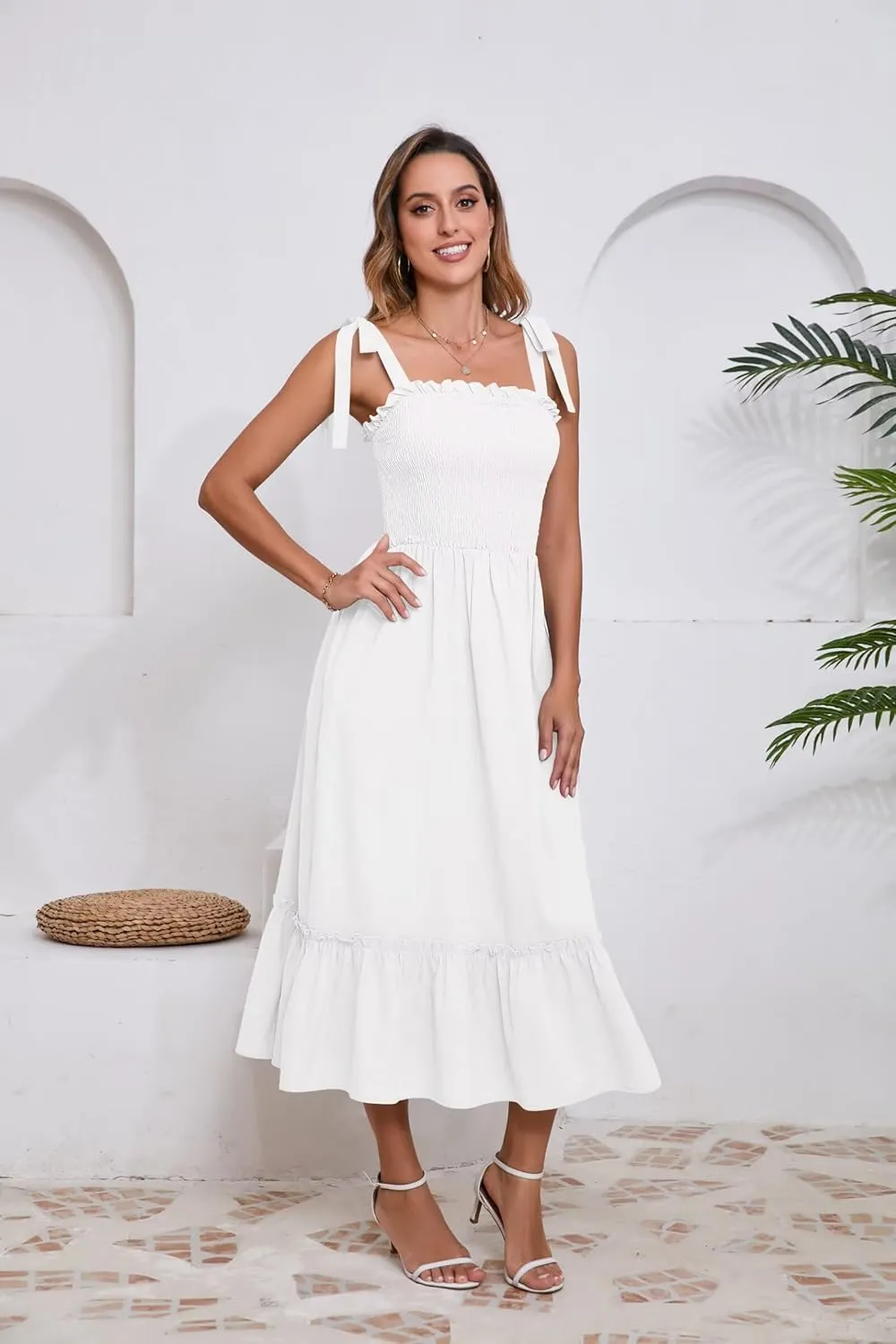 Women Square Neck Ruffle Maxi Dress 2025 Summer Boho Beach Cotton Linen A-Line Spaghetti Strap Long Dress Vacation