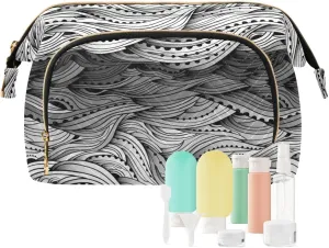 Women Wave Quilt Cosmetic Bag, Storage Pouch Handbag Makeup Case Zipper Toiletry Purse Holder Organizer 10.2x5.9x6.7 in Abstract Water Pattern, hand Drawn Black White Sea Waves