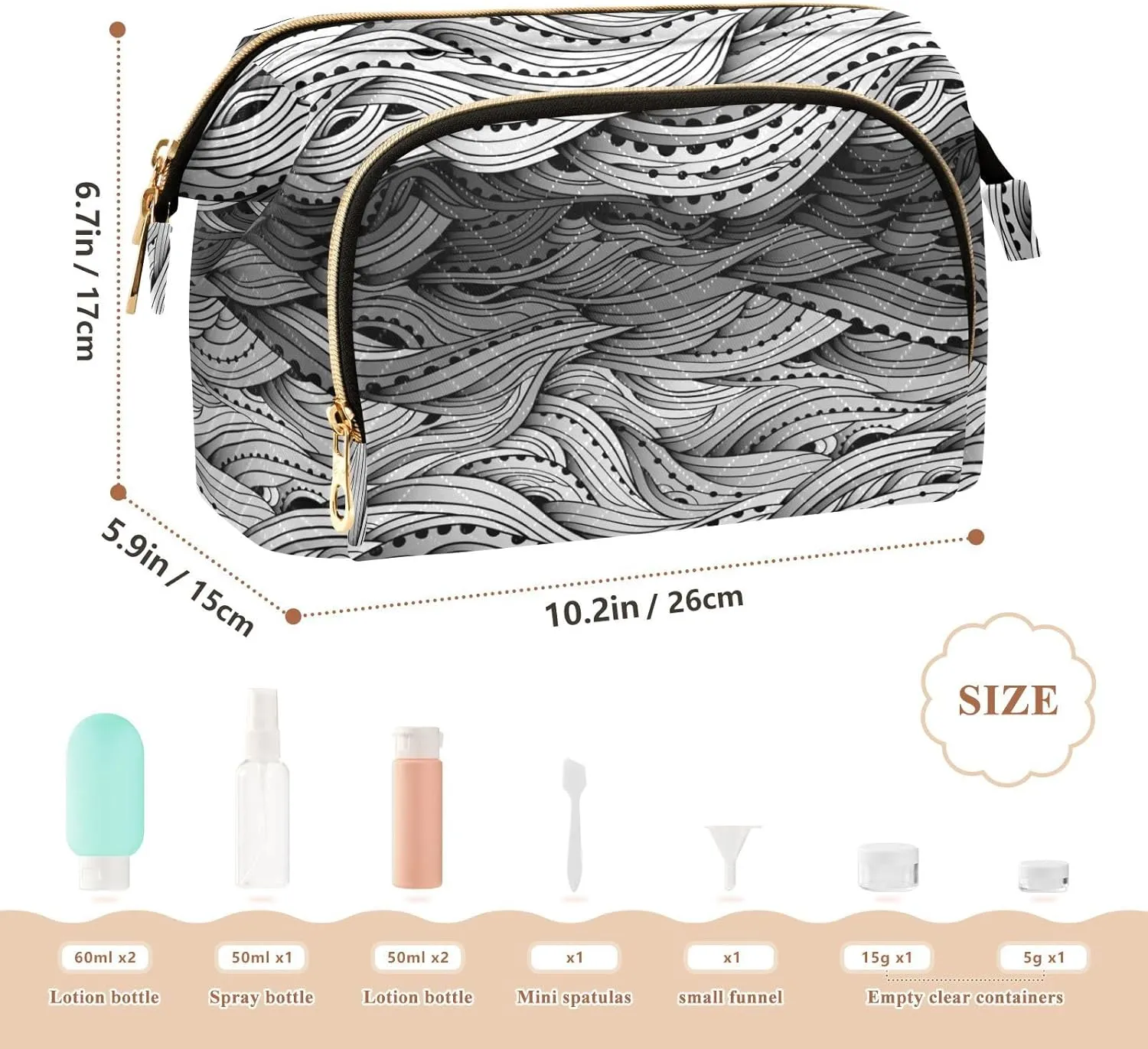 Women Wave Quilt Cosmetic Bag, Storage Pouch Handbag Makeup Case Zipper Toiletry Purse Holder Organizer 10.2x5.9x6.7 in Abstract Water Pattern, hand Drawn Black White Sea Waves