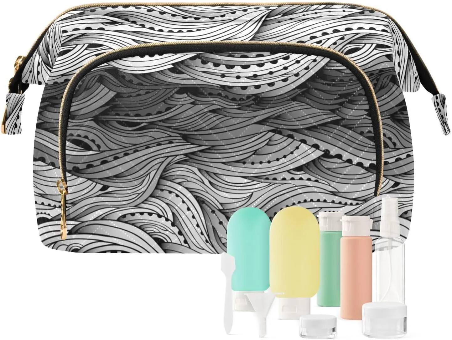 Women Wave Quilt Cosmetic Bag, Storage Pouch Handbag Makeup Case Zipper Toiletry Purse Holder Organizer 10.2x5.9x6.7 in Abstract Water Pattern, hand Drawn Black White Sea Waves