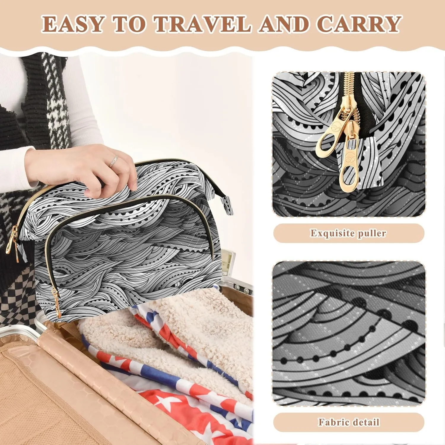 Women Wave Quilt Cosmetic Bag, Storage Pouch Handbag Makeup Case Zipper Toiletry Purse Holder Organizer 10.2x5.9x6.7 in Abstract Water Pattern, hand Drawn Black White Sea Waves