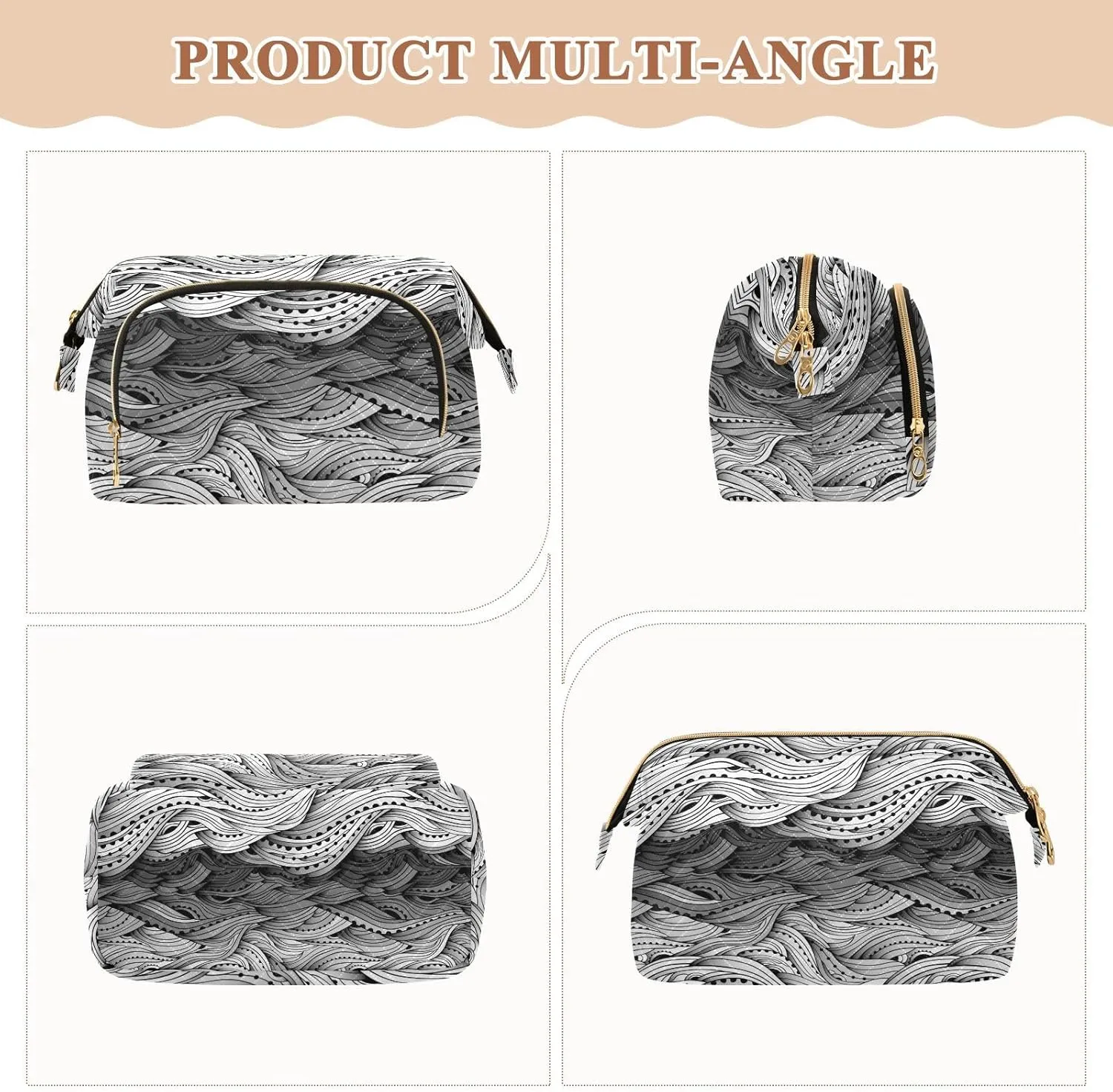 Women Wave Quilt Cosmetic Bag, Storage Pouch Handbag Makeup Case Zipper Toiletry Purse Holder Organizer 10.2x5.9x6.7 in Abstract Water Pattern, hand Drawn Black White Sea Waves