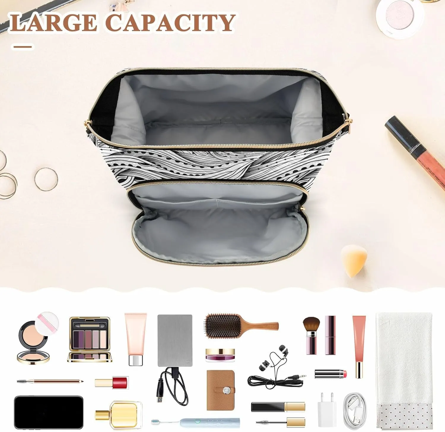 Women Wave Quilt Cosmetic Bag, Storage Pouch Handbag Makeup Case Zipper Toiletry Purse Holder Organizer 10.2x5.9x6.7 in Abstract Water Pattern, hand Drawn Black White Sea Waves