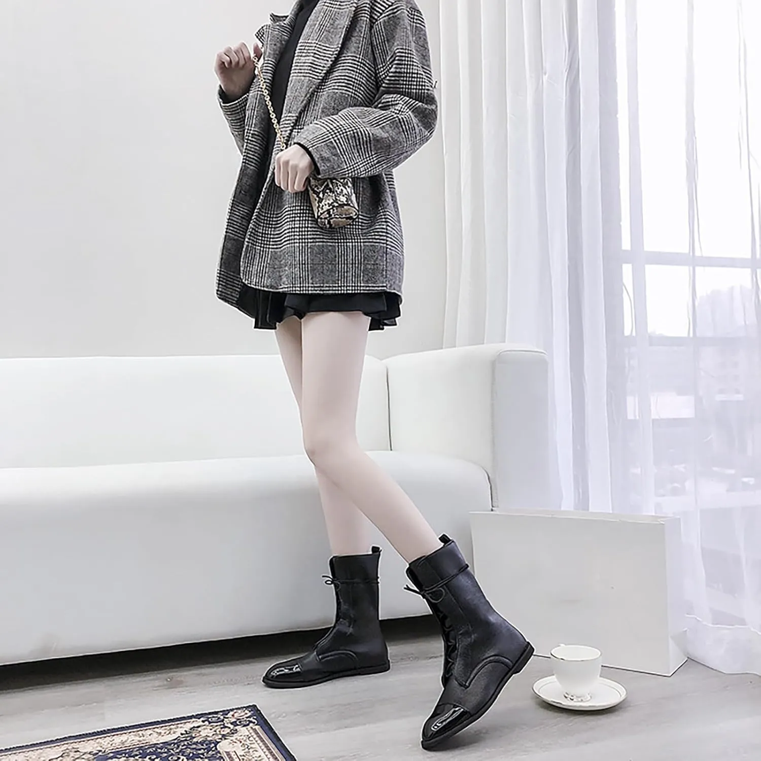 Women's Round Toe Lace up Mid Calf Flat Boots,Fashion Hand Stitching Non Slip Wearable Square Heel Low Heel Leather Shoes Casual Winter Snow Boots Pointed Boots