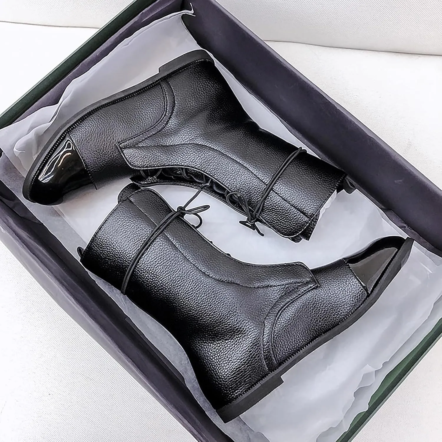 Women's Round Toe Lace up Mid Calf Flat Boots,Fashion Hand Stitching Non Slip Wearable Square Heel Low Heel Leather Shoes Casual Winter Snow Boots Pointed Boots