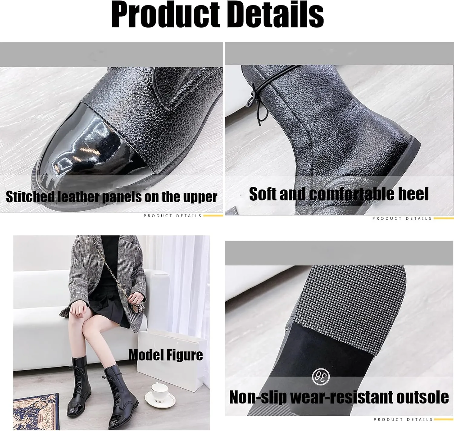 Women's Round Toe Lace up Mid Calf Flat Boots,Fashion Hand Stitching Non Slip Wearable Square Heel Low Heel Leather Shoes Casual Winter Snow Boots Pointed Boots