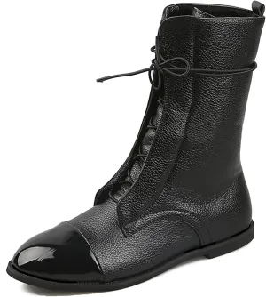 Women's Round Toe Lace up Mid Calf Flat Boots,Fashion Hand Stitching Non Slip Wearable Square Heel Low Heel Leather Shoes Casual Winter Snow Boots Pointed Boots