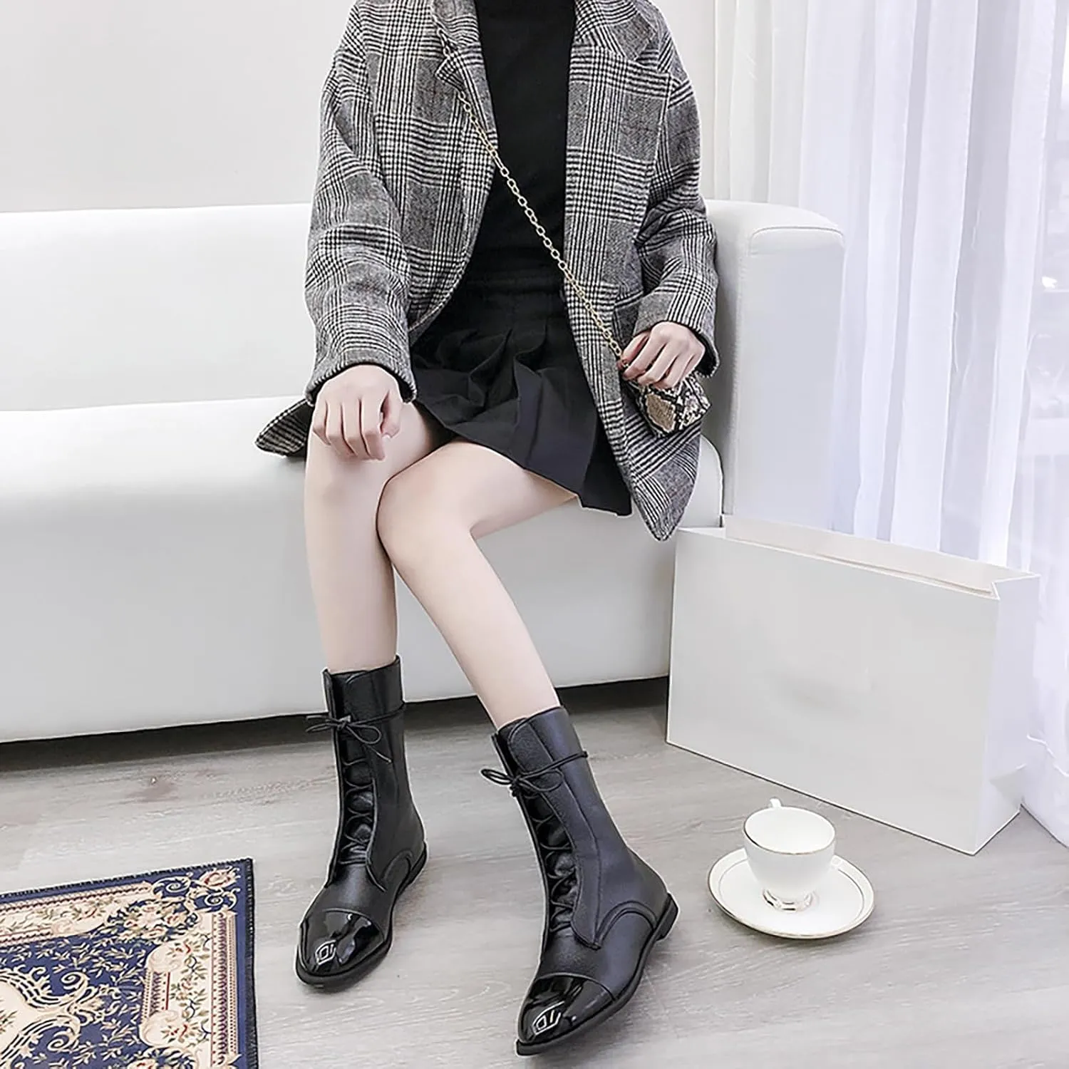 Women's Round Toe Lace up Mid Calf Flat Boots,Fashion Hand Stitching Non Slip Wearable Square Heel Low Heel Leather Shoes Casual Winter Snow Boots Pointed Boots