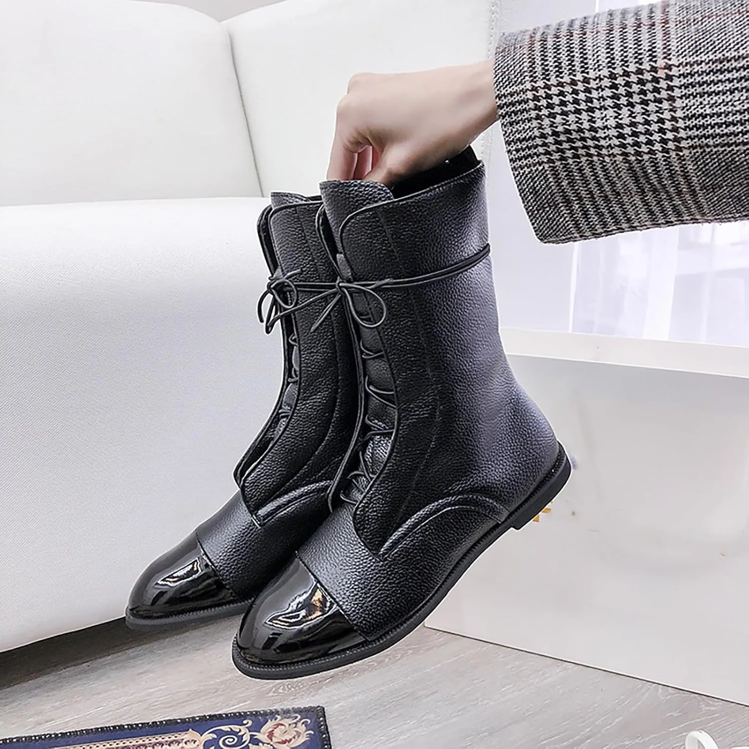 Women's Round Toe Lace up Mid Calf Flat Boots,Fashion Hand Stitching Non Slip Wearable Square Heel Low Heel Leather Shoes Casual Winter Snow Boots Pointed Boots