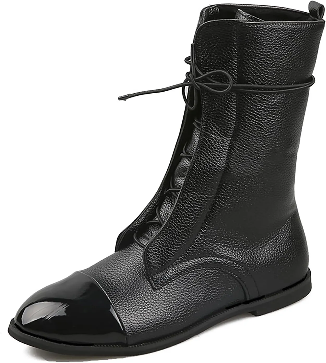 Women's Round Toe Lace up Mid Calf Flat Boots,Fashion Hand Stitching Non Slip Wearable Square Heel Low Heel Leather Shoes Casual Winter Snow Boots Pointed Boots