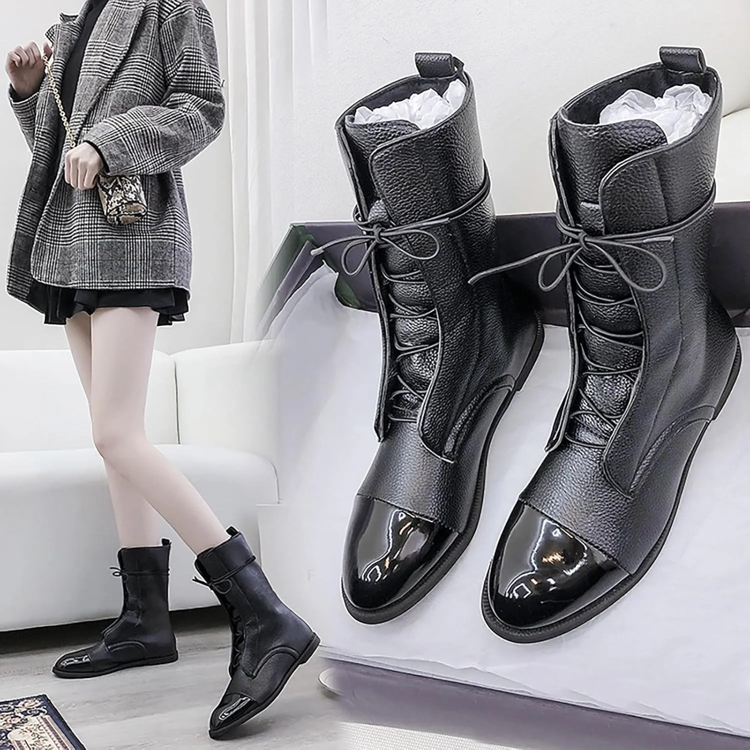 Women's Round Toe Lace up Mid Calf Flat Boots,Fashion Hand Stitching Non Slip Wearable Square Heel Low Heel Leather Shoes Casual Winter Snow Boots Pointed Boots