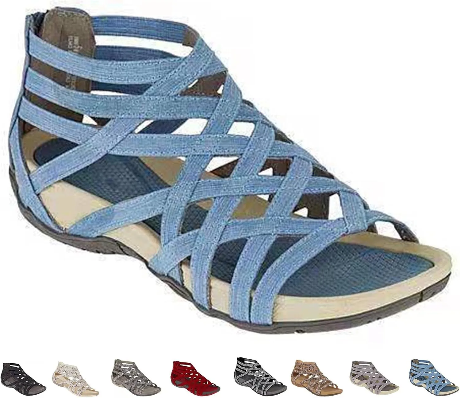 Women's Sandals Round Open Toe Hollow Roman Gladiator Bandage Design Flip Flops, Summer Sandals with Back Zipper Daily Shoes