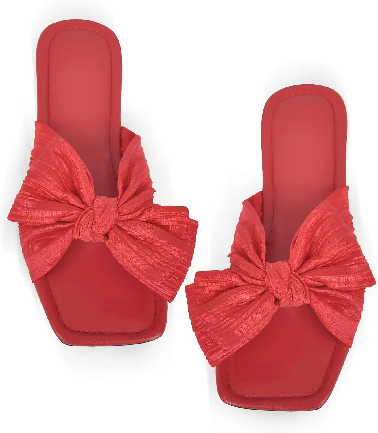 Womens Slip on Flat Sandals Square Open Toe Summer Pleated Bows Slides Dressy Sandals