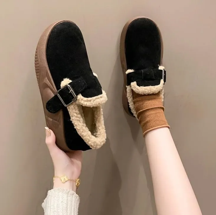 Women's winter flats with cork non-slip insole and rubber sole - Hand washable solid colour garden shoes
