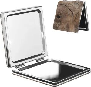 Wood Grain Printed Square Pocket Makeup Mirror with 1X/2X Magnification, Portable Mini Travel Makeup Mirror for Travel Daily Work Beauty
