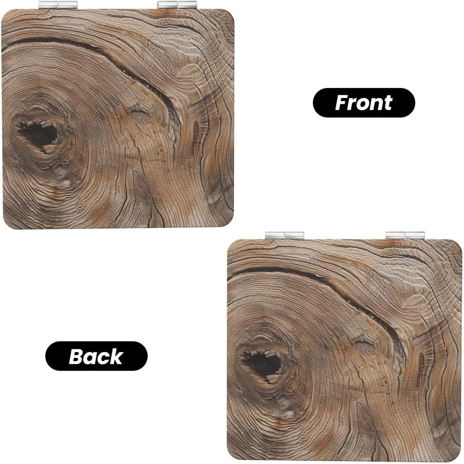 Wood Grain Printed Square Pocket Makeup Mirror with 1X/2X Magnification, Portable Mini Travel Makeup Mirror for Travel Daily Work Beauty